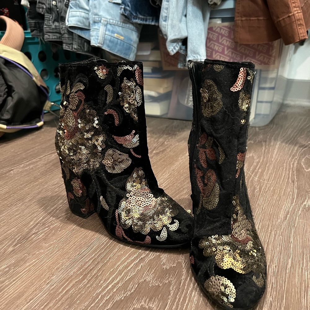 Aldo Black and Gold Sequin Ankle Boots